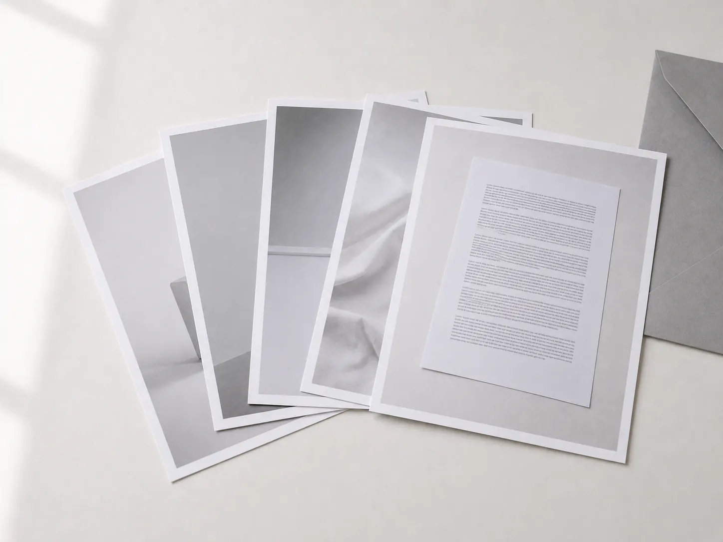 Five printed photographs fanned across a pale surface beside a grey envelope, the top one showing a document page.