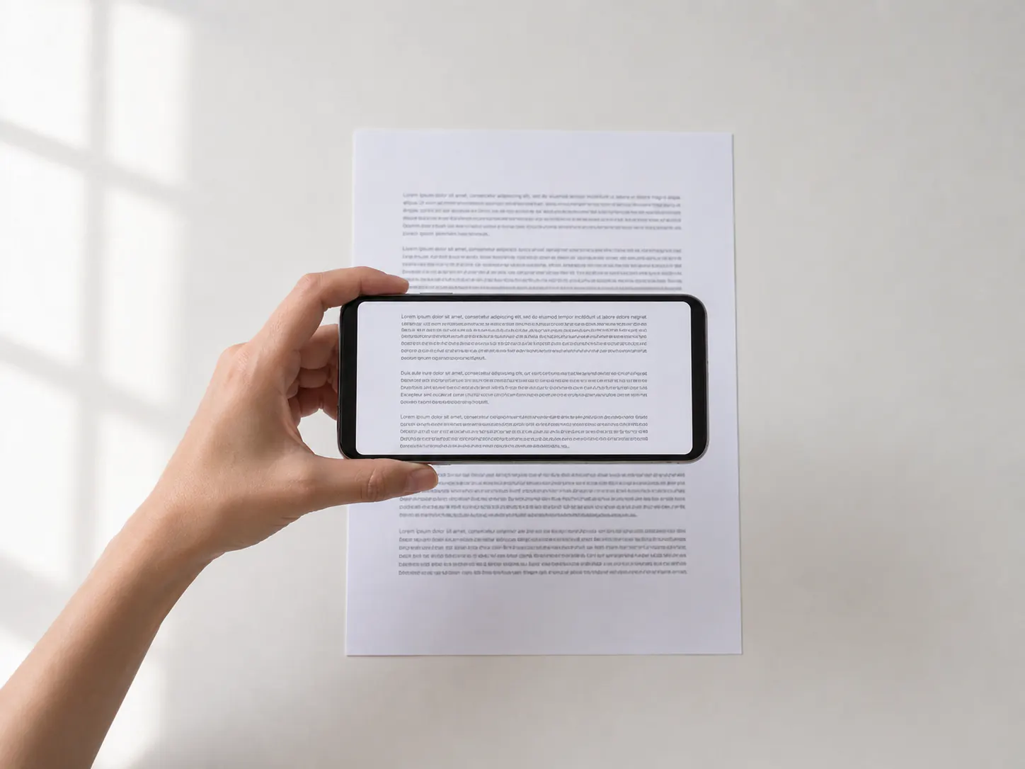A hand holding a phone level above a printed page, the page filling the phone screen.