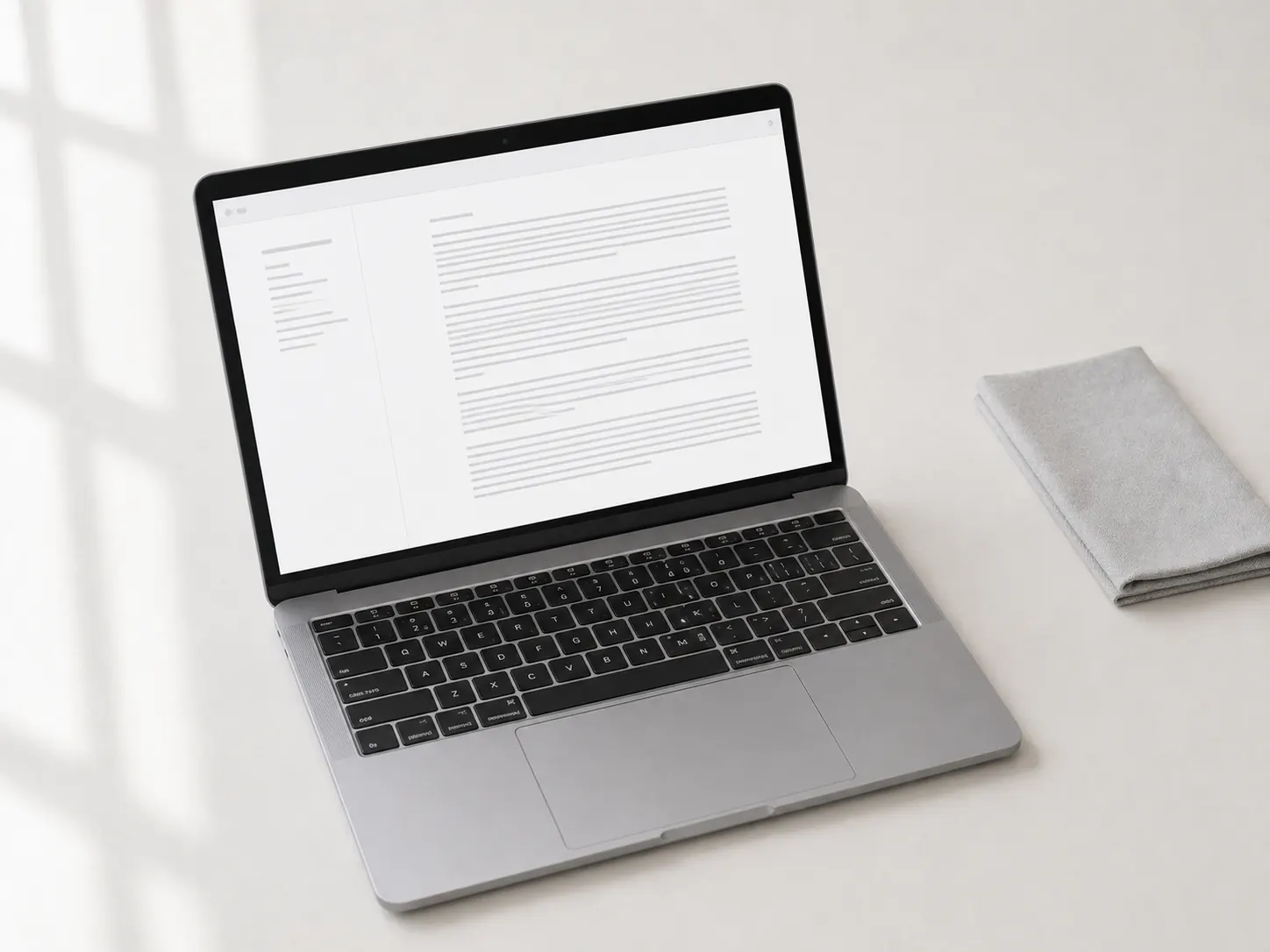 An open laptop at a three-quarter angle on a pale desk, its screen showing a crisp document layout.