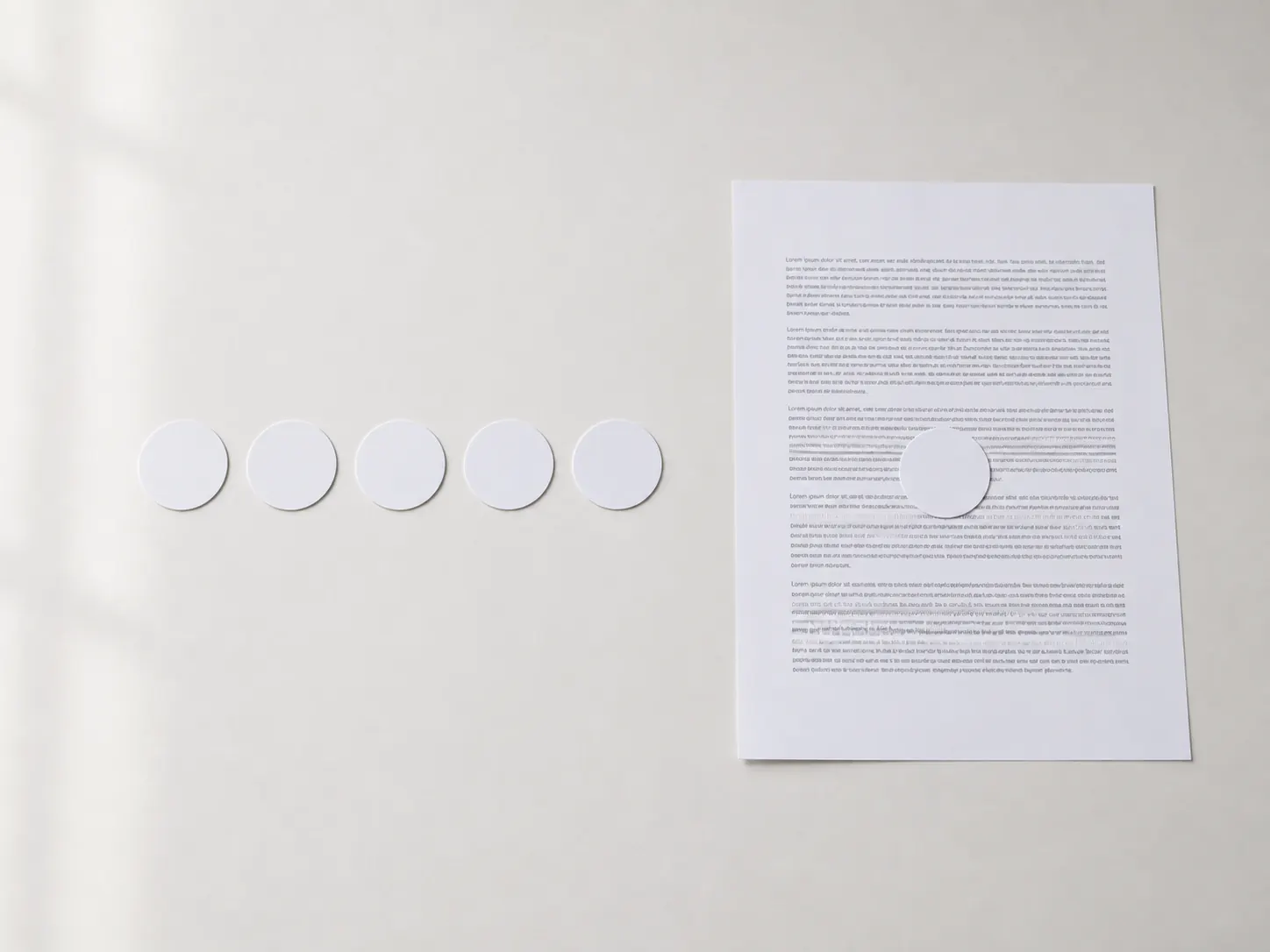 Five plain white paper discs in a row on a pale surface, a sixth resting on a printed page.