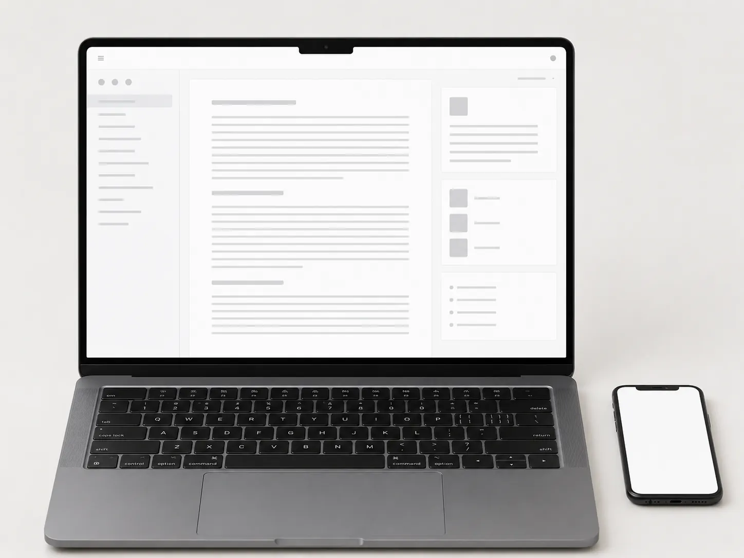 A laptop photographed straight on, its screen filled with a clean interface, a blank phone beside it.